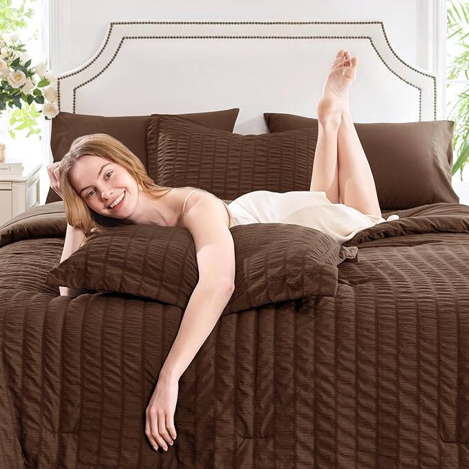 CozyLux Oversized Queen Comforter Set Brown Seersucker 7 Pieces 98x98 Bed in a Bag Comforter Set with Sheets, Luxury Soft Bedding Sets with Down Alternative Comforter, Sheets, Pillowcases & Shams