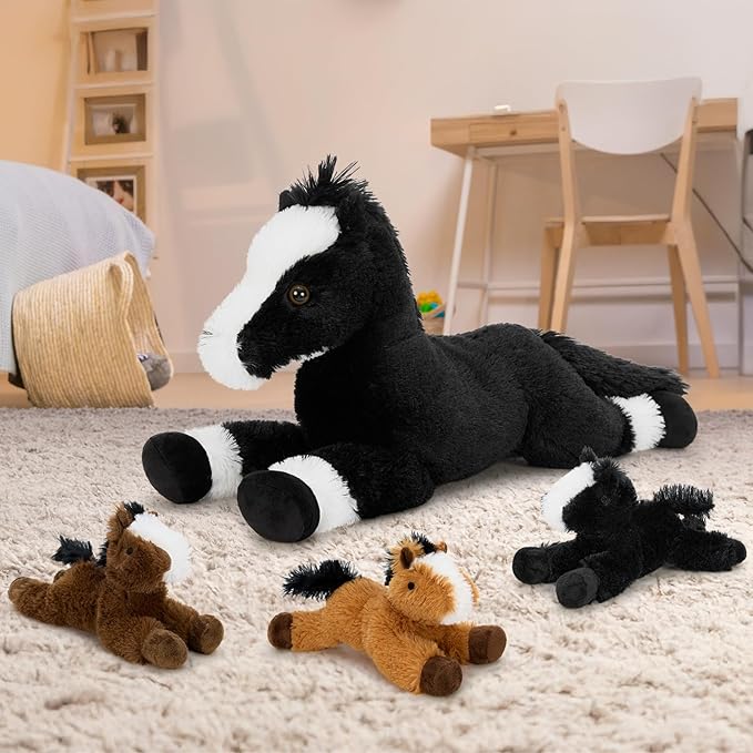 Tezituor 4Pcs Horse Stuffed Animal Set, 21inch Large Stuffed Mommy Horse with 4 Babies Pony Toys, Black Stuffed Pony Plush Pillow for Boys Girls
