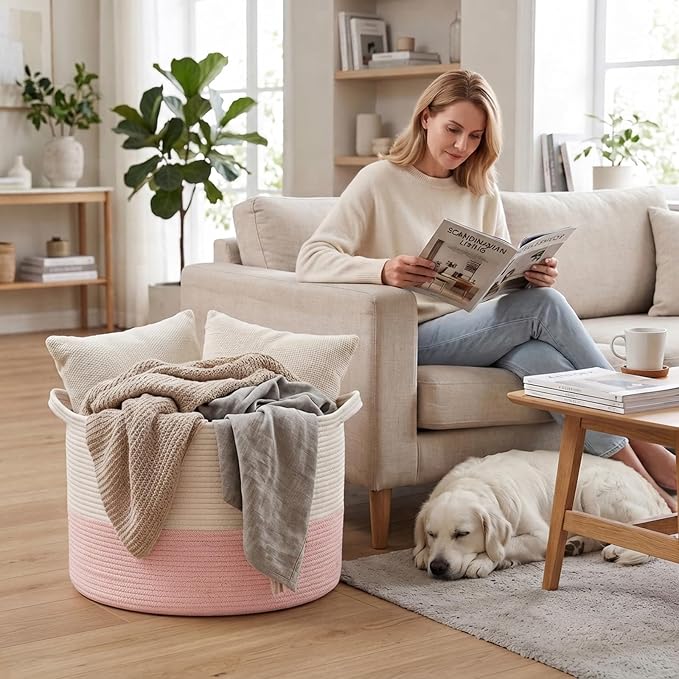 65L Large Pink Woven Cotton Rope Basket with Handles | Kids Nursery Laundry Basket Hamper for Toys, Blankets, Pillows & Comforters, Cute Storage Bin for Bedroom & Playroom