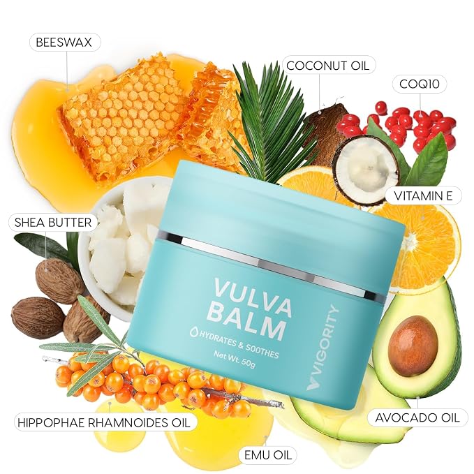 Vigority Vulva Balm for Women – Daily External Moisturizing Balm with Beeswax, Shea Butter, Emu Oil & CoQ10 – Estrogen Free, Hormone Free, Fragrance Free