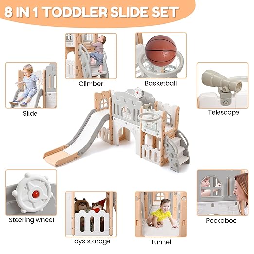 Toddler Slide 8-in-1 Toddler Playset with Slide for Ages 1-3 – Indoor & Outdoor Kids Playground Including Climber, Crawl Tunnel, Basketball Hoop, Telescope & Storage