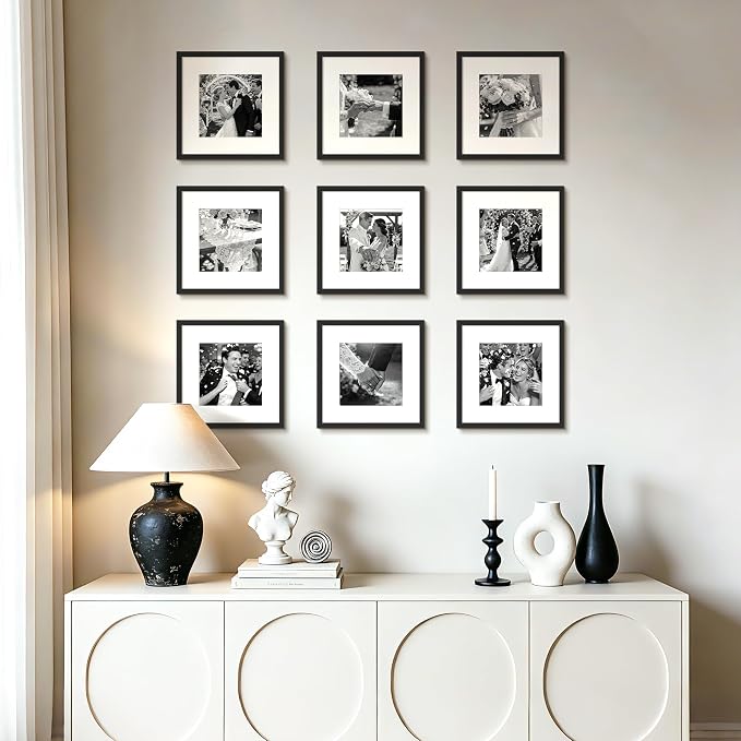 upsimples 12x12 Picture Frame Set of 5, Display Pictures 8x8 with Mat or 12x12 Without, Wall Gallery Poster Frames, Black