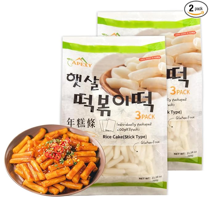 APEXY Korean Rice Cakes for Tteokbokki, Authentic Chewy Korean Rice Cake Sticks, Gluten Free, Vegan, Non-GMO Topokki Rice Cakes for Asian Cooking & Spicy Rice Cake Recipes, 21.16 oz Pack of 2
