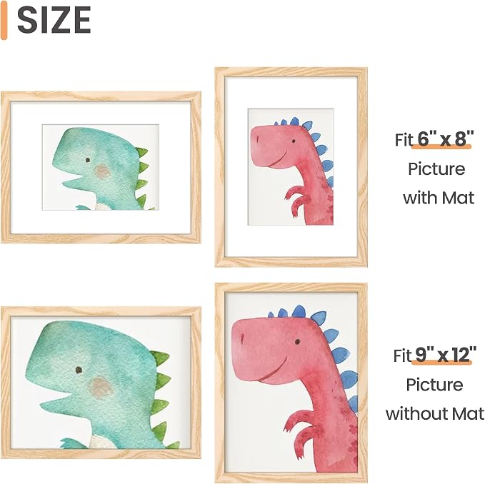 upsimples 9x12 Picture Frame, Display Pictures 6x8 with Mat or 9 x 12 Without, Wall Hanging Photo Frames, Natural Style, 1 Pack