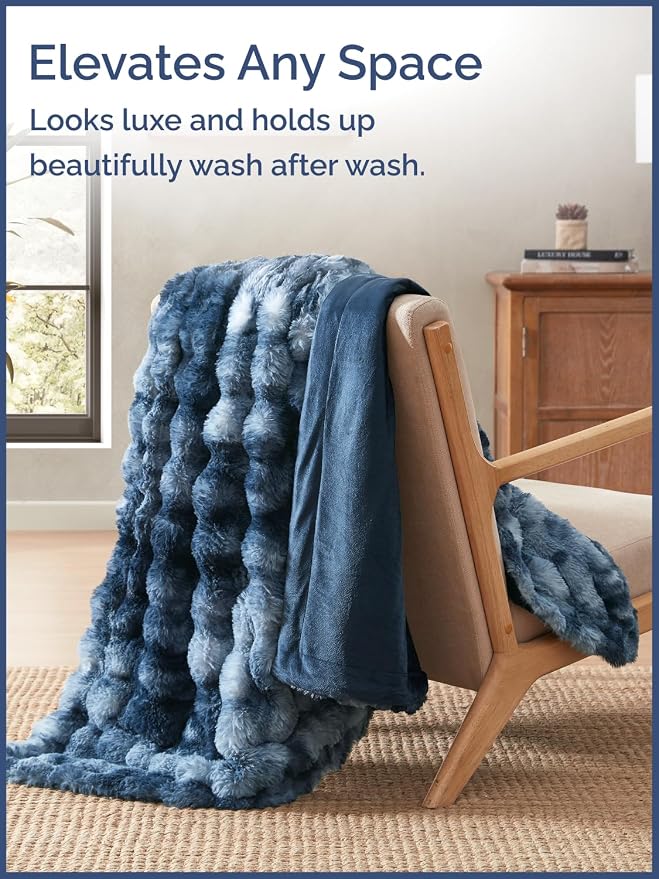 3D Fleece Bubble Blanket King - Rabbit Blanket - 90" x 108", Marble Blue | Soft Fluffy Faux Fur Blanket for Couch Sofa & Chair, Cozy Gifts for Women, Tie Dye Cloud Throw Bed Cover, Thick Plush Bedding