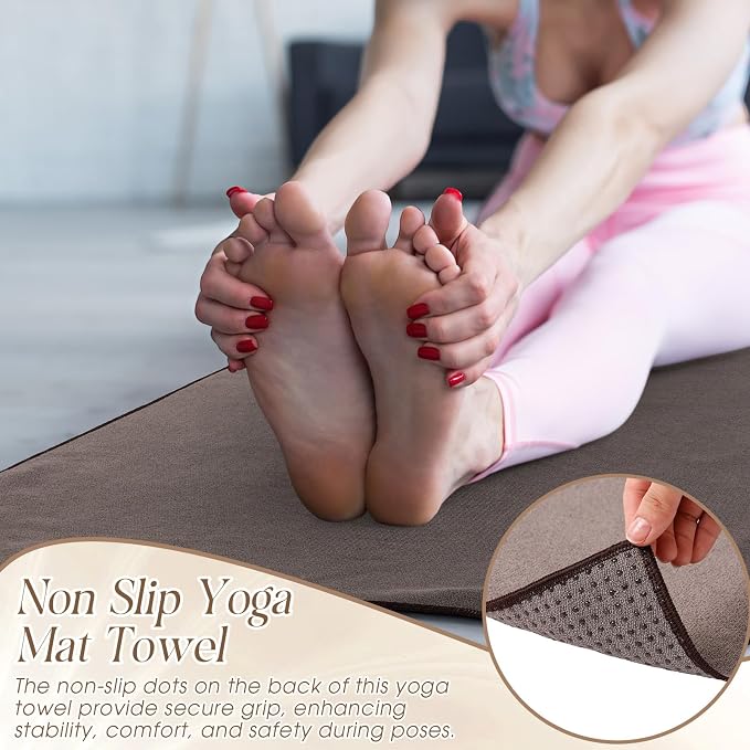 Hahafelt 3 Pack Hot Yoga Mat Towel Non Slip Microfiber Pilates Towel with Grip Dots & Elastic Straps, 72" x 26" Absorbent Sweat Anti-Slip Hot Yoga Gym Mat for Fitness Workout(Beige Dark Gray Coffee)