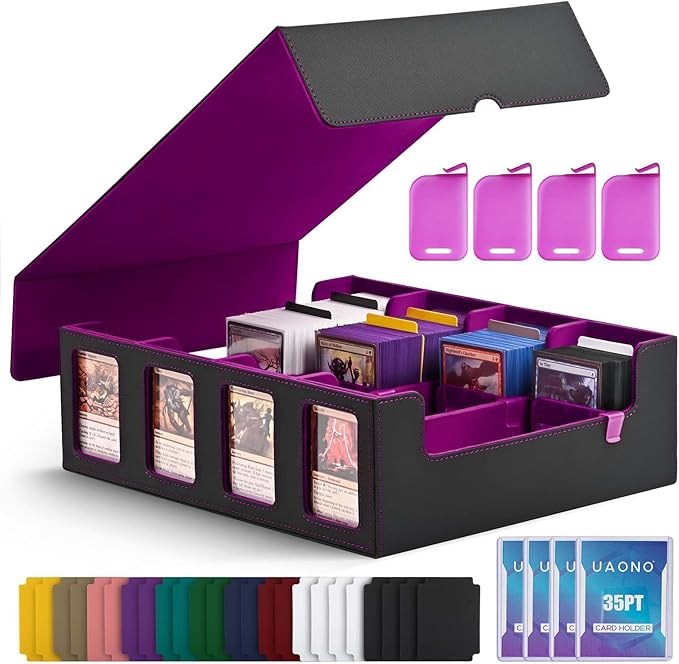 UAONO Trading Card Storage Box with Commander Display; 2400+ Deck Box for MTG with Removable Cover; Top Loaders Card Case fits Magic TCG PTCG Sports Cards; 24 Dividers, 4 Stoppers (Black, Purple)