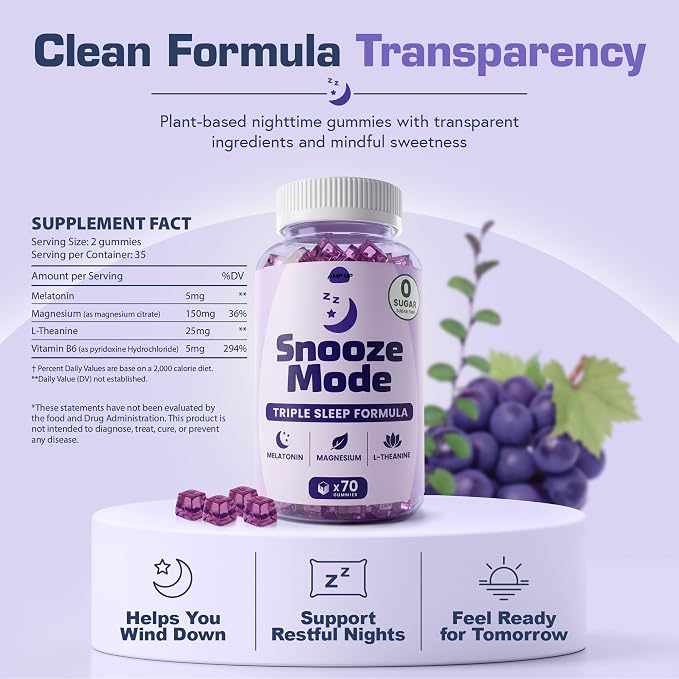 AmpUp Sleep Melatonin Sugar Free Gummies – 5mg Melatonin with Magnesium, L-Theanine & Vitamin B6, Nighttime Sleep Support Supplement, Vegetarian, Natural Grape Flavor – 70 Gummies (2)