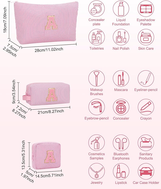 MONSTINA Personalized Initial Makeup Bag|Toiletry Bag for Women,Make Up Case for Girlfriend Bridesmaid Wife,Birthday Gift for Her Cute,3PCS,Pink C