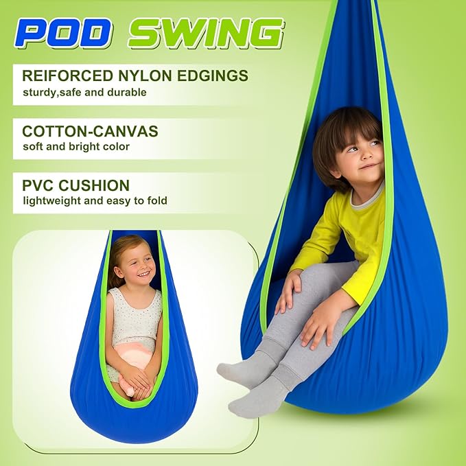 Sensory Swing Stand Frame with Pod Chair and Swings Set Kid Heavy Duty Metal Swing Stands Autism Hammock Chair Stand Tree Saucer Round for Kid Adult Indoor Outdoor Backyard Park(Blue)