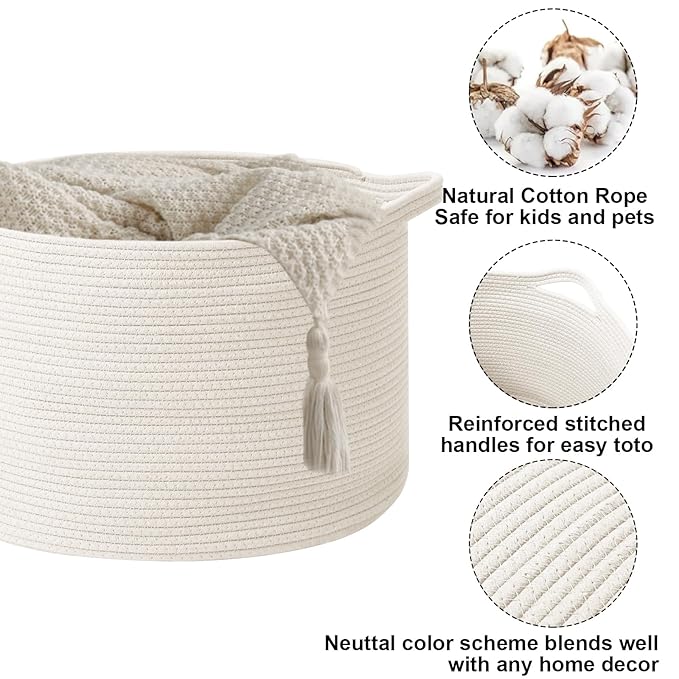 65L Large Blanket Basket,Woven Rope Laundry Basket-White | Collapsible, reinforced handles, nursery storage bin organizes clothes, toys and pillows for living room, bedroom bathroom