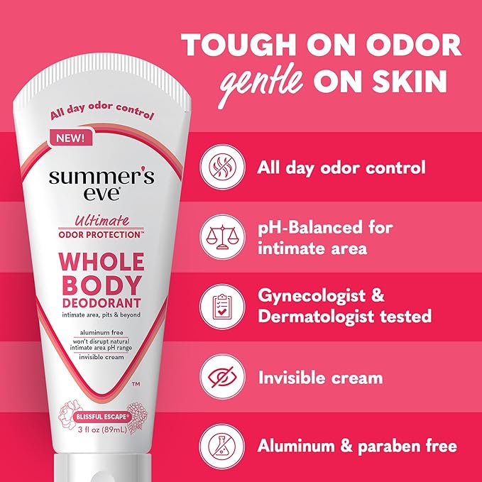 Summer's Eve Blissful Escape Whole Body Deodorant for Women, Aluminum-Free Ultimate Odor Control Cream, 3 Oz (Pack of 2)