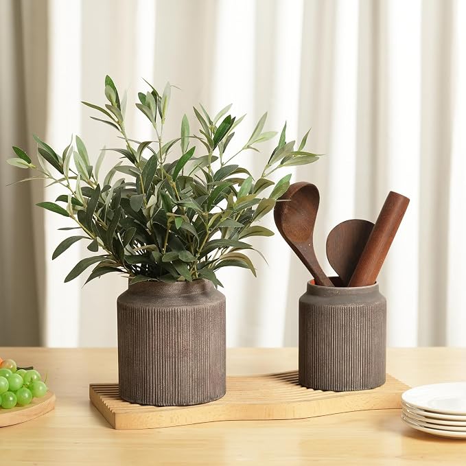 Rustic Ceramic Vase Set of 2, 5.9in Ceramic Flower Vase for Home Decor | Brown Terracotta Pottery Vase Decorative for Living Room, Coffee Table, Farmhouse, Fixwal