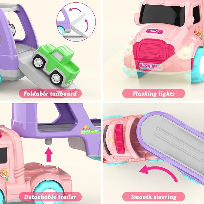 Toys for 1 2 3 Year Old Girl, 5-in-1 Carrier Truck for Toddler Girl, Friction Power Toy Cars with Light & Sound, Birthday Gifts, Pink