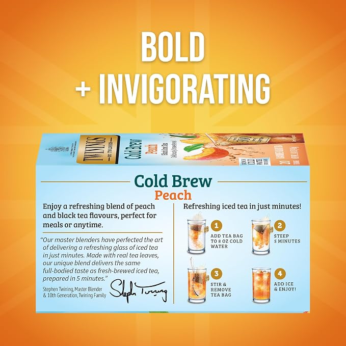 Twinings Peach Cold Brew Iced Tea Bags, 20 Count (Pack of 2), Unsweetened Flavoured Black Tea, Caffeinated, 20 Teabags
