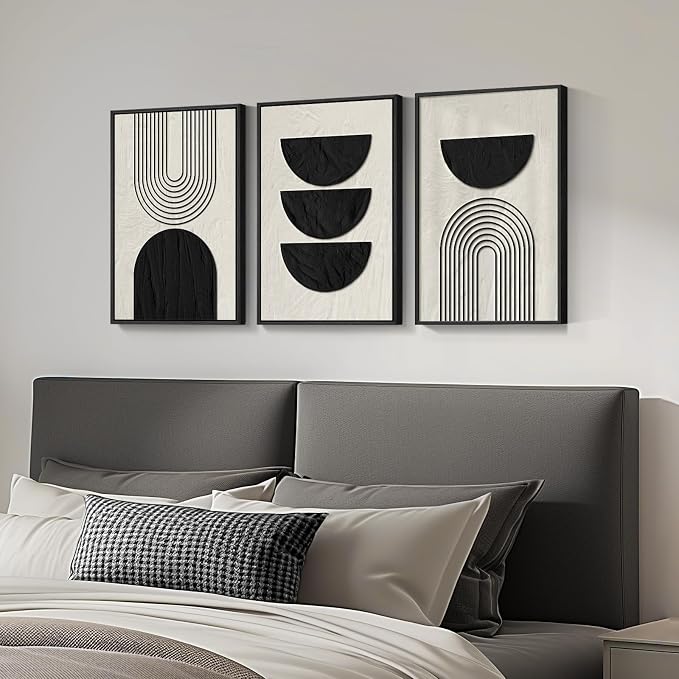 Framed Boho Black and White Abstract Wall Art, 3 Piece Modern Beige Canvas Prints Paintings Artwork for Walls, Black Geometric Pictures for Living Room Bedroom Hallway Office Wall Decor 16x24 In