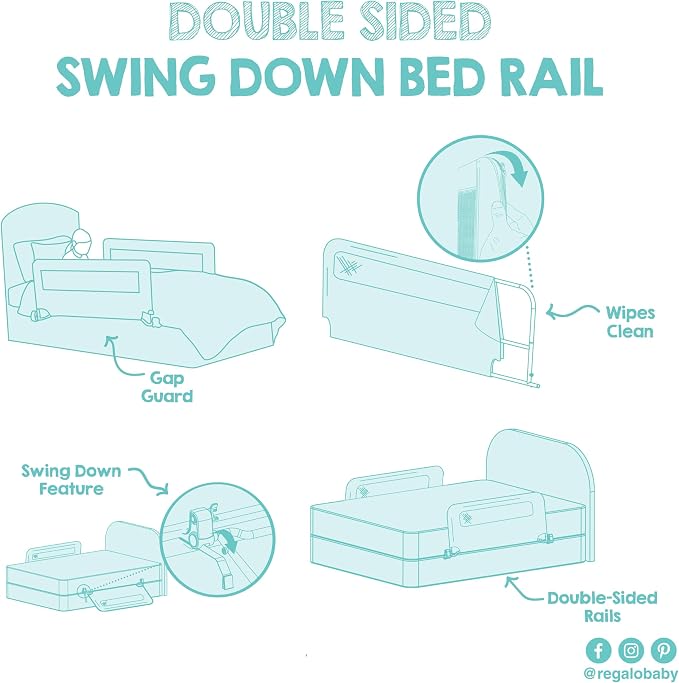 Regalo Safety Double-Sided Swing Down Bed Rail Guard (2-Pack), Toddler Bed Rail for Twin to Queen Beds, Extra Long 43”, Reinforced Anchor System, Easy Install, White