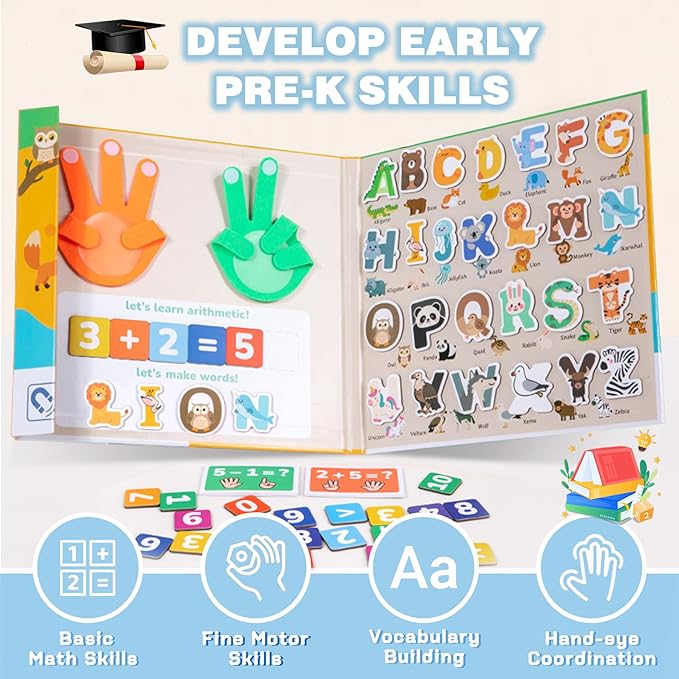 Magnetic Alphabet & Number with Animal-Shaped 2-in-1 ABC & Math Learning Toys for Kids Ages 3-6 | Spelling, Counting, Montessori Preschool Educational Toy with Storage Book