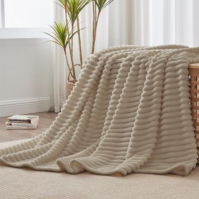 BEDELITE Striped Fleece Throw Blanket, Linen, 50"x60" | 300GSM Microfiber Fleece, Soft Cozy, Lightweight Warm, Machine Washable, Room Decor, Ideal Gifts, for Couch Sofa