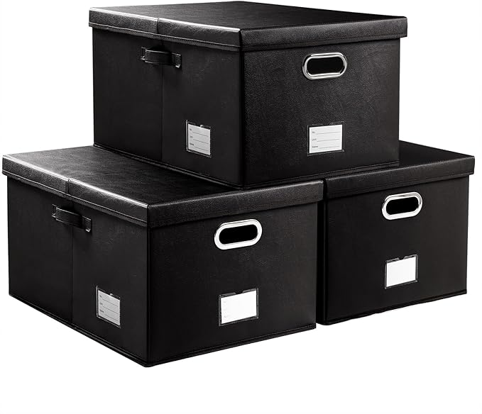 Collapsible Storage Box with Lid [3-Pack] Leather Fabric Foldable Storage Bin Organizer Container Basket Cube with Cover for Home Bedroom Closet Office Nursery Black(22.8X15.7X11.8)