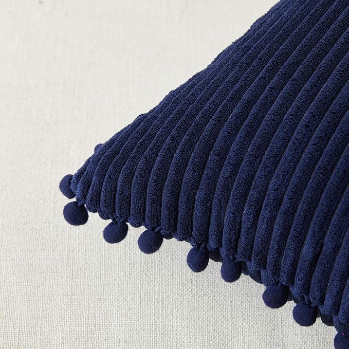 Fancy Homi Pack of 2 Corduroy Navy Blue Decorative Throw Pillow Covers with Pom-poms, Solid Square Cushion Case Pillow Cases Set for Couch Sofa Bedroom Car Living Room (18x18 Inch/45x45 cm, Navy Blue)