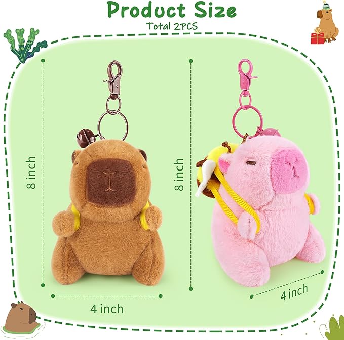 Achwishap 2PCS Capybara Plush Keychain,Cute Keychain Capybara Stuffed Animal,Soft Capybara Plush Toys Key Chain,Kawaii Plushie Stuffed Toys for Kids Adults(Bee Backpack,Brown and Pink Capybara)