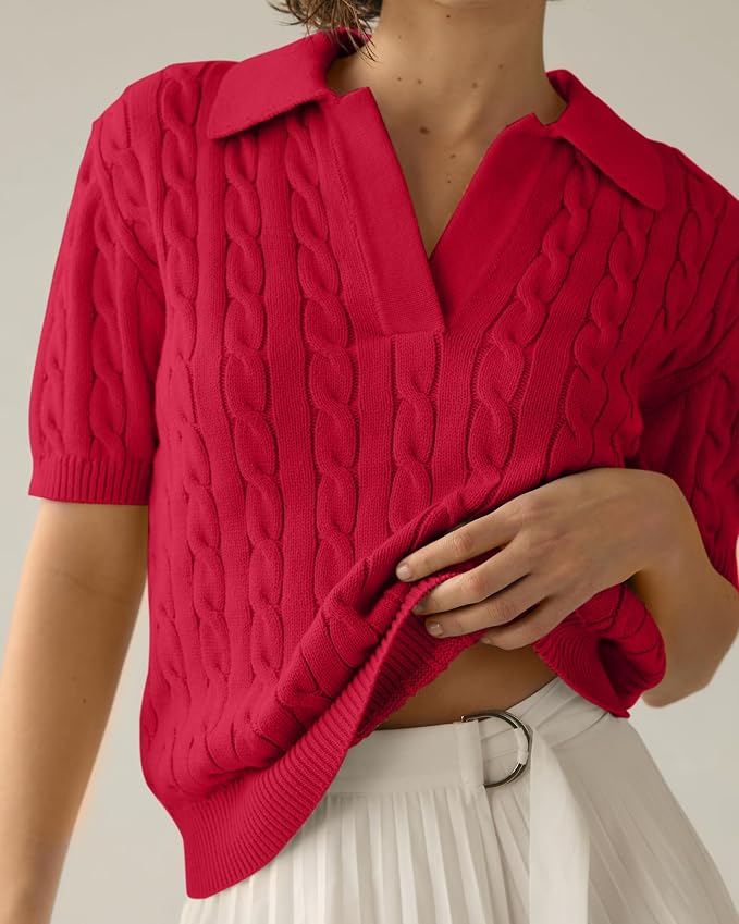 Imily Bela Womens Cable Short Sleeve Sweaters Tops Lapel V Neck Knit Shirt | Solid,Knit Casual,Soft Pullover,Fall Sweaters,Womens Summer Work Tops