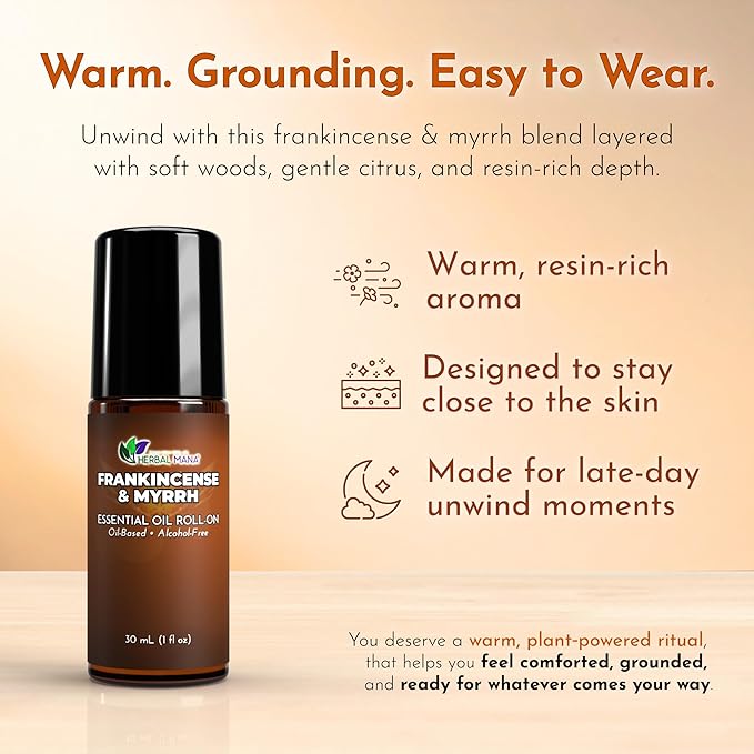 Frankincense & Myrrh Essential Oil Roll-On, 30 mL (1 fl oz) – Pre-Diluted Aromatherapy Rollerball in Fractionated Coconut Oil (FCO) – Alcohol-Free Pulse Point Oil Roller