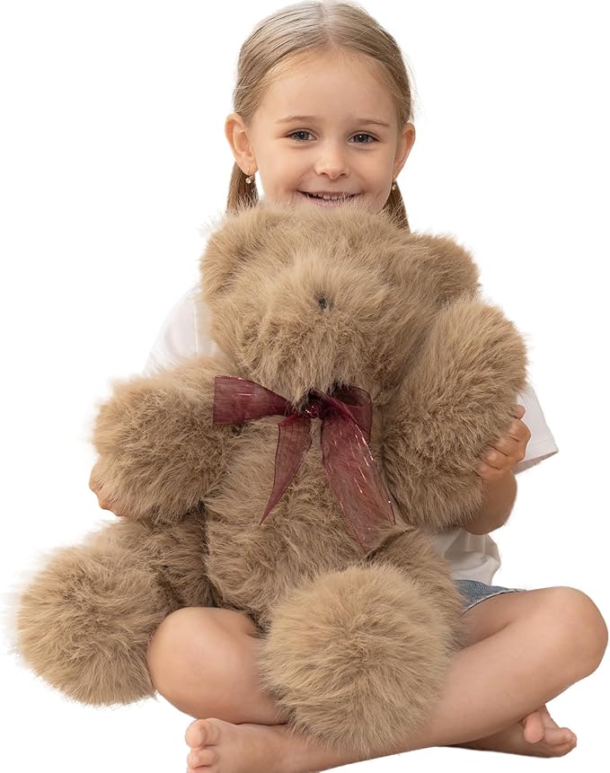 MorisMos Teddy Bear Stuffed Animal,16.5'' Brown Stuffed Bear Plush Toy for Kid Girl Boy,180° Joints Posed Cuddly Toy,Soft Long Hair Plush Teddy for Baby Shower Christams Valentine’s Birthday Gift