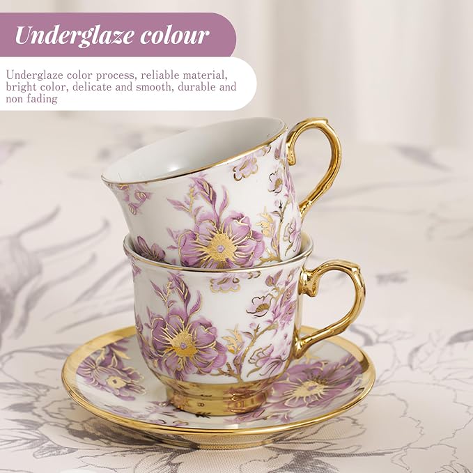 20 Pcs Porcelain Tea Set With Metal Holder,European Ceramic Tea Set for 6,Beautiful Tea Cup Gift Sets for Home&Party (Purple)