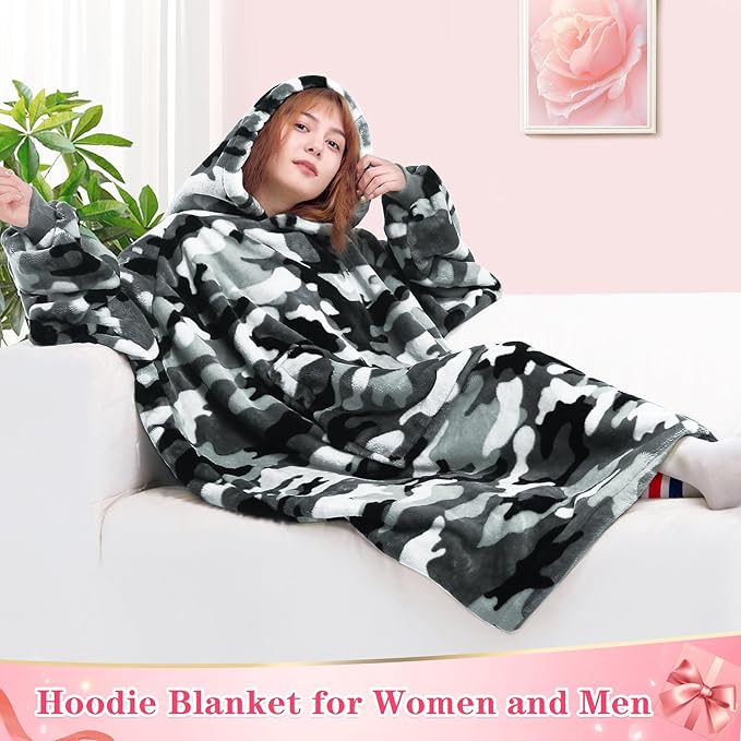 Waitu Wearable Blanket Sweatshirt Gifts for Women and Men, Warm and Cozy Giant Blanket Hoodie, Thick Flannel Blanket with Sleeves and Giant Pocket - Camo