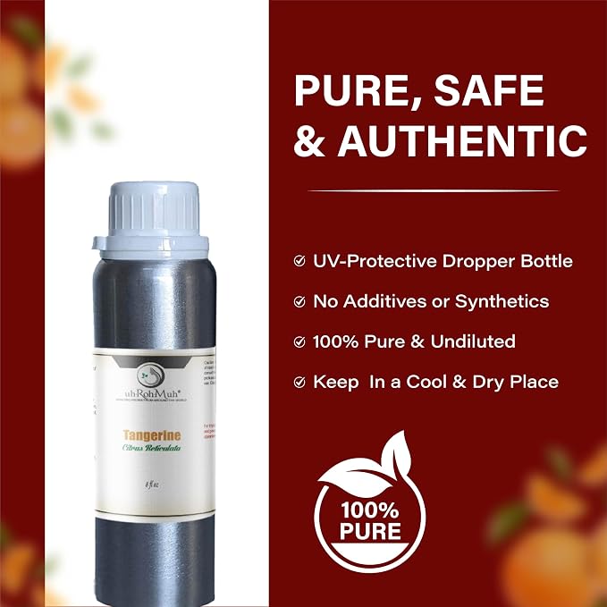 Tangerine Essential Oil, Citrus Reticulata, Cold Pressed Citrus Peel Oil, Sweet Citrus Aroma for Aromatherapy, Diffuser, Massage, Skin Care, Natural Fragrance Oil for Blends – 8 Fl oz