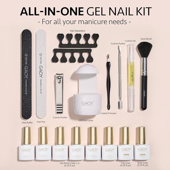 GAOY Gel Nail Polish Kit with UV Light for Beginners, 6 Colors Sheer Nude Red Pink Brown, Gel Polish Kit with Top and Base Coat for Salon and Nail Art DIY at Home, Rose Garden