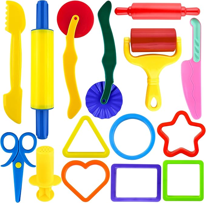 Dough Tool Kit,15 Pcs Basic Dough Play Tools Starter Set for Kids with Cutters,Roller,Rolling Pins,Scissors,Plastic Knife