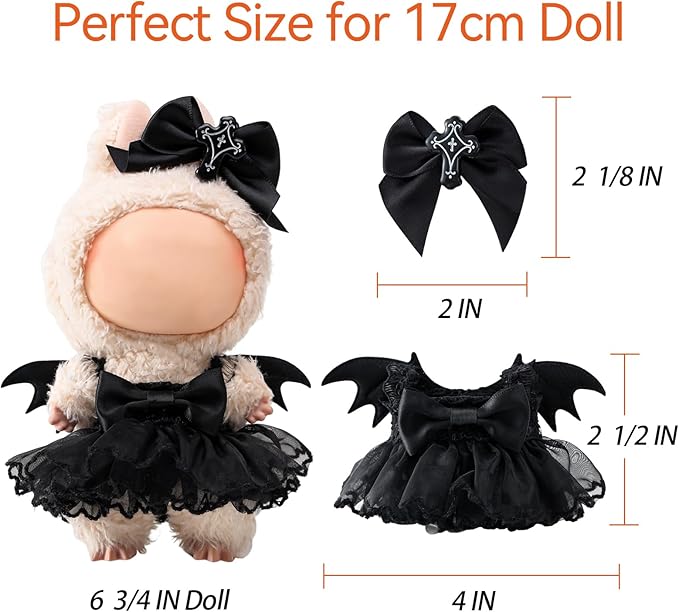 Clothes for labbuu Dolls - Cute Outfit for 6 3/4 Inch (17cm) labbuu Accessories, 2-Piece Doll Clothes Black (Doll Not Included) - Perfect for Collectors and Dress-Up (Halloween Bat Dress Set A)