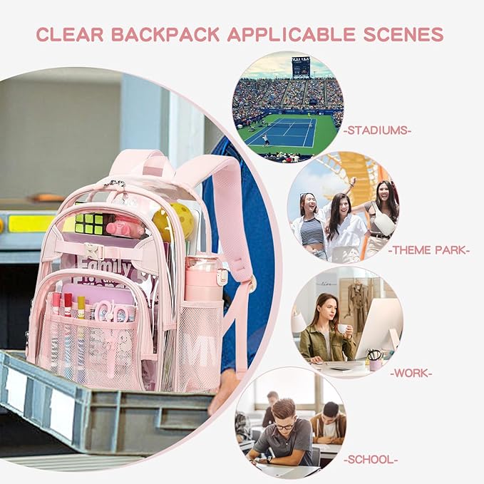 Cusangel Clear Backpack for Girls kids,Pink tpu Heavy Duty 16in Transparent Bookbag for School,Student children Bag Stadium Approved See Through Backpack,Stitch Bag durability
