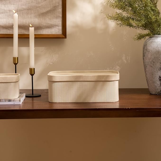 LA JOLIE MUSE Decorative Storage Boxes with Lids Faux Leather, Grey 3 Pack | Vegan Leather Lids, Fluted Cardboard Storage Basket, Organizer for Jewelry, Shelves, Bedroom & Closet Storage Memory Box