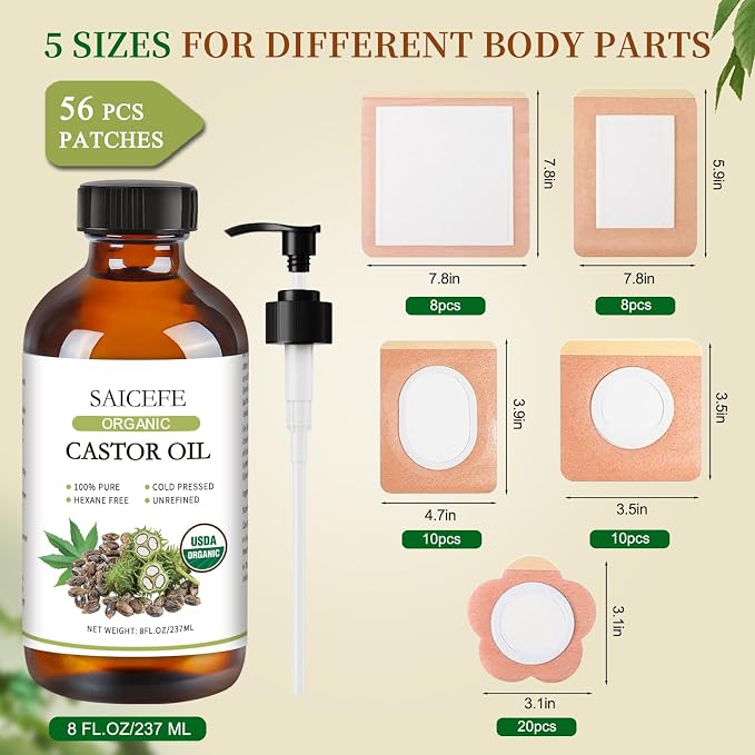 56pcs Castor Oil Patches with Caster Oil Organic Cold Pressed Unrefined Glass Bottle 8oz, Castor Oil Pack Wrap for Belly, Neck, Back, Arms, and Hair Growth (with Eyelash Kit)