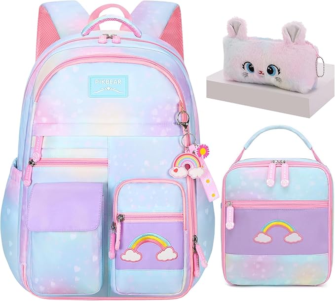 3Pcs Kids Backpack For Girls,Cute Rainbow Student School Backpack With Lunch Bag Pen Bag Set (Blue Large 17.5in