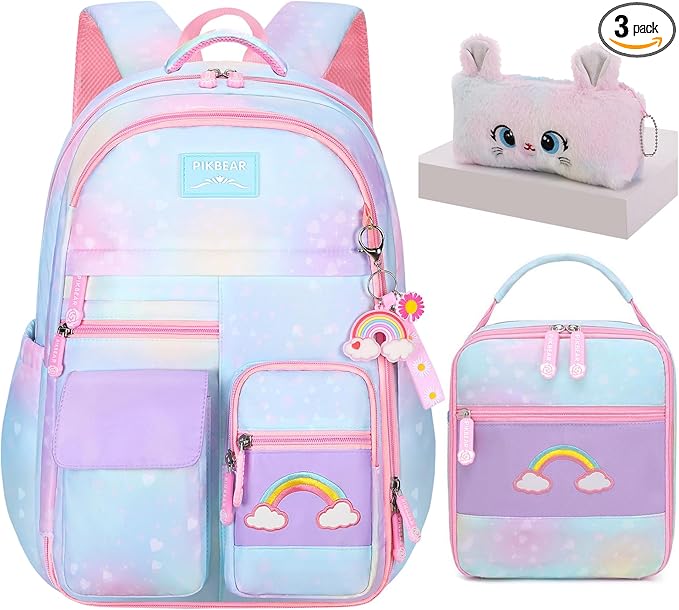 3Pcs Kids Backpack For Girls,Cute Rainbow Student School Backpack With Lunch Bag Pen Bag Set (Blue Medium 16.5in