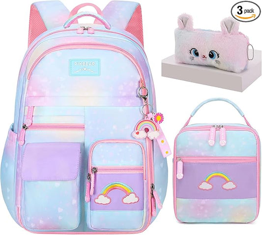 3Pcs Kids Backpack For Girls,Cute Rainbow Student School Backpack With Lunch Bag Pen Bag Set (Blue Medium 16.5in