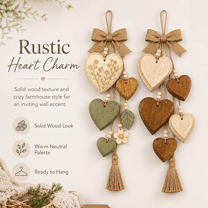 Rustic Solid Wood Heart Wall Hanging, Farmhouse Burlap Bow Decor with Distressed Wooden Hearts & Pendants, Romantic Art for Bedroom & Home Room, Vintage Charm Art Decor Signs(Sage Wildflower)