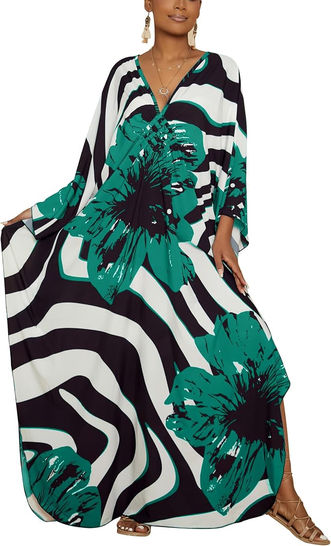 Bsubseach Kaftan Dresses for Women Floral Print Plus Size Beach Cover Up | Lightweight V Neck Loose Fit Boho Dress, Batwing Sleeve Side Slit, Moo Moos for Women Home Loungwear Cruise Resort Wear