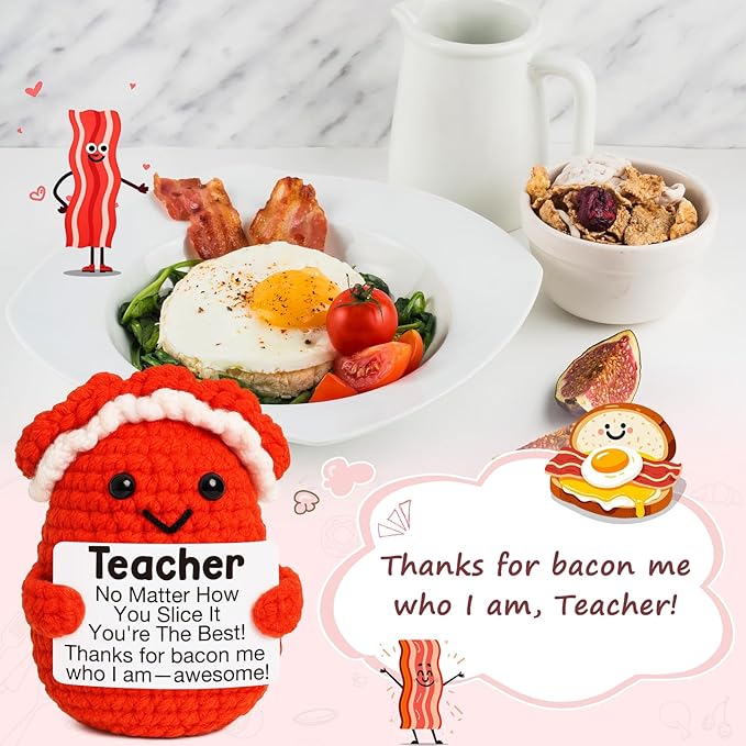 Mini Teacher Gifts Handmade Crochet Bacon for Women Teacher Appreciation Gifts Best Even Teachers for Birthday Back to School from Student End of Year Thank You Gift for Teachers Thankving Chrsitmas