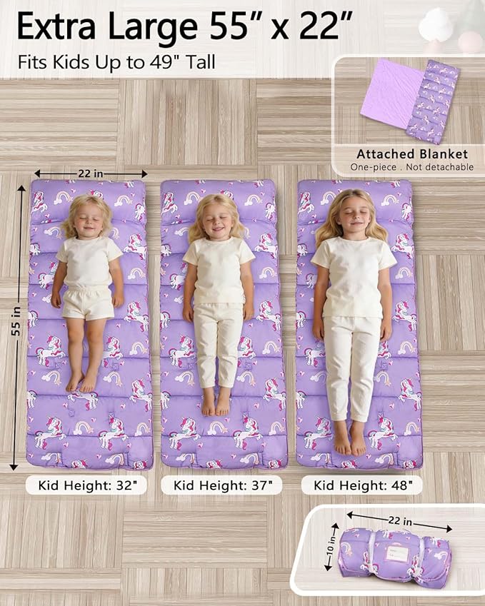 Primlect Thickened Toddler Nap Mat with Removable Pillow and Minky Blanket, Extra Large 55''x35'' Sleeping Bag, Washable, Roll up, Perfect for Daycare, Preschool, Kindergarten, Boys and Girls Purple