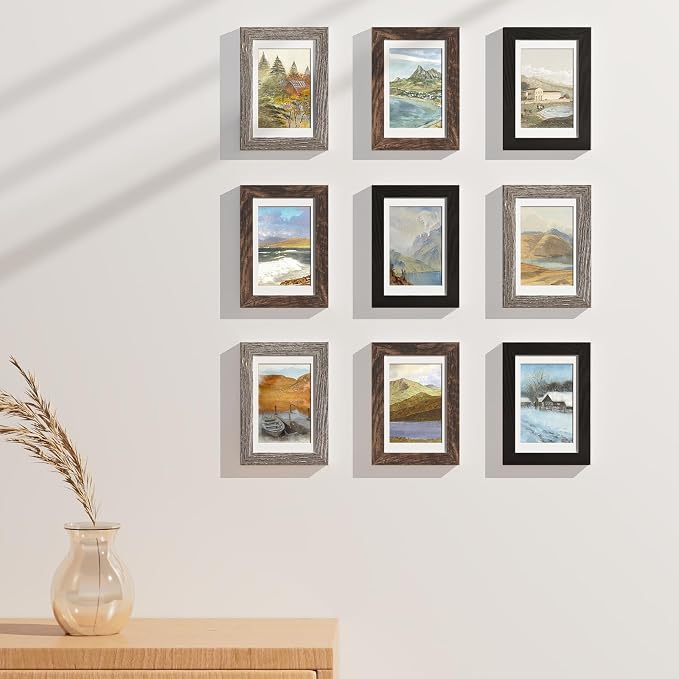 Vittanly 4x6 Picture Frames Set of 9, Black&Brown&Dark Grey | Display Pictures 3.5x5 with Mat or 4x6 without Mat, Small Photo Frames, Engineered Wood with Shatter Resistant Plexiglass