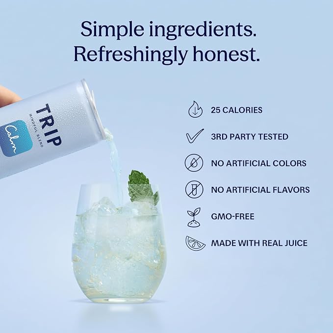 TRIP Lightly Sparkling Adaptogen Drink, Non Alcoholic Drink with Magnesium, Ashwagandha, Lions Mane & L Theanine, No Added Sugar Mocktail, Vegan, Melon Cucumber, 12 Oz, 12Pk