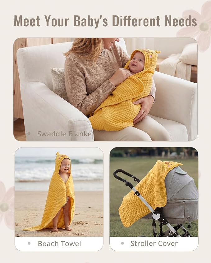 Blissful Diary Muslin Baby Hooded Towel 1 Pack, Soft & Absorbent Bath Towel for Infant, Toddler, Unisex, Baby Gift, Newborn Essentials, Sunny Duck