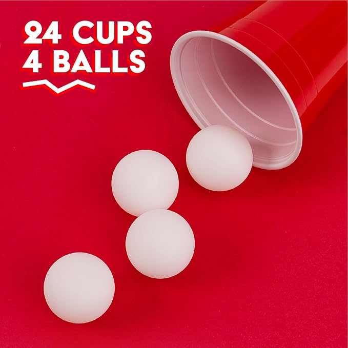 Beer Pong Set – 24 Reusable Cups & 4 Durable Pong Balls | America’s #1 Party Game, Outdoor Events & Gifts for Friends & Family