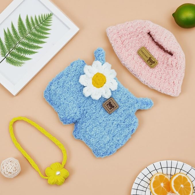 17cm Doll Clothes, 3-Piece Set with Handmade Hat, Jumpsuit & Bag, Sunflower Style Outfit for Cute Plush Doll, for Keychain Accessories(Pink and Blue)